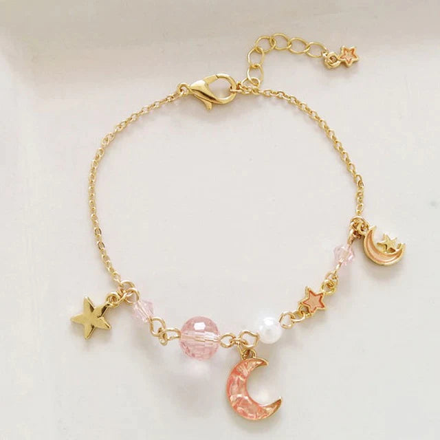 Japan Korea Star Moon armband för kvinnor flickor mode rosa kristall pärla kedja armband grossist designer smycken festgåva